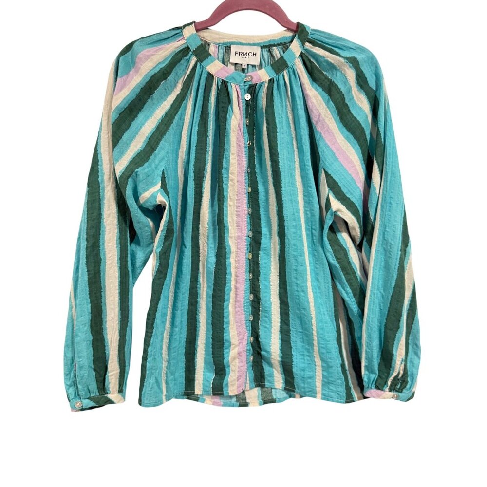 FRNCH Paris Corrynn‎ Blue, Green, Pink, Cream Striped Blouse Size M